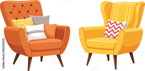 Cozy modern armchair vector set featuring stylish upholstered chairs with decorative pillows, perfect for home decor, interior design, and furniture illustration projects