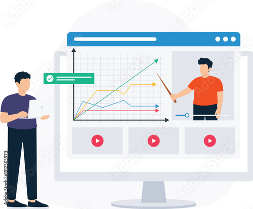 Online course on data analysis with man watching business webinar growth chart on computer screen for financial training investment strategy and e-learning concept