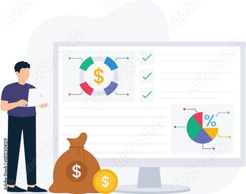 Man doing financial analysis of business data on computer. Investment growth chart, money management dashboard, profit report, economic statistics, wealth strategy.