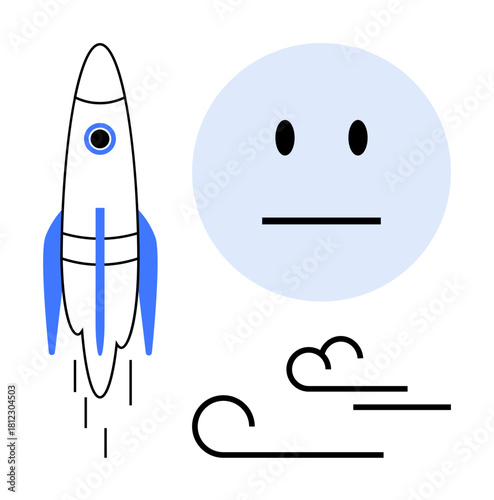 Rocket lifting off, simplistic face symbolizing calmness, abstract wind lines suggesting motion. Ideal for innovation, speed, serenity, progress, exploration technology simplicity. Simple flat