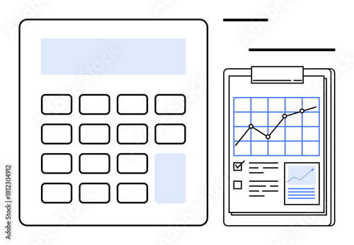 Calculator beside clipboard with graph, chart, text, and checkboxes, representing data analysis, financial calculations, and performance tracking. Ideal for finance, business planning analytics