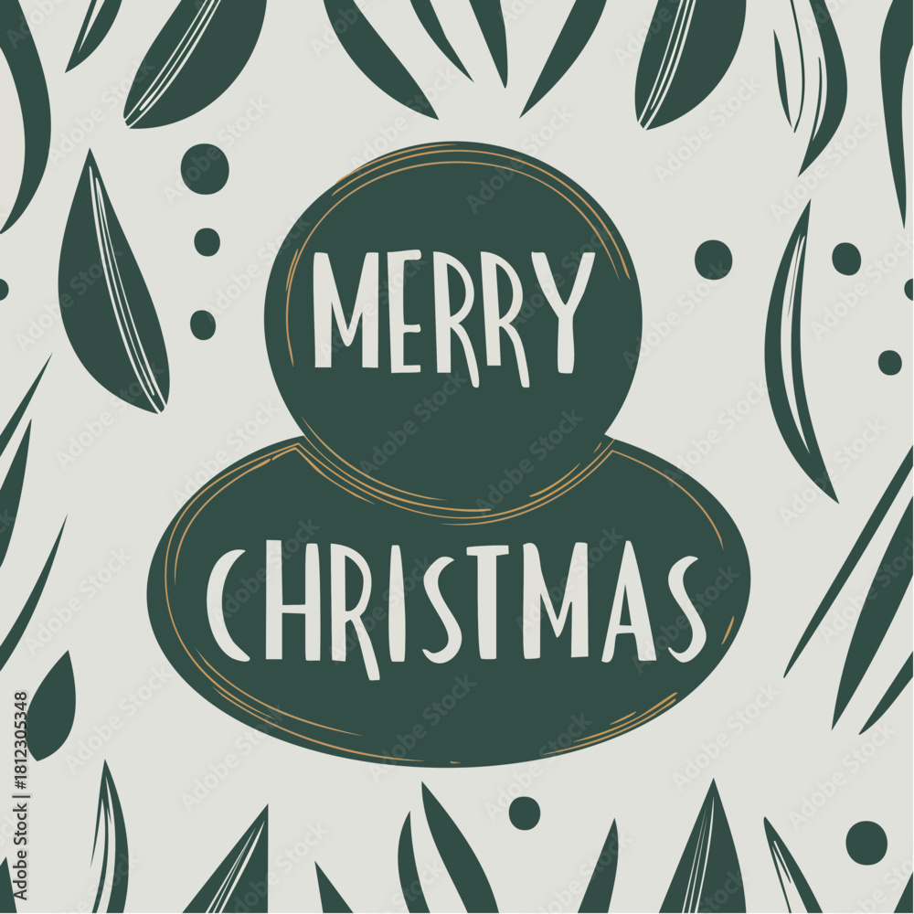 Obraz premium A festive hand-drawn design featuring bold red ‘Merry Christmas’ lettering framed by green foliage, pinecones, trees, red berries, and snowflakes on a cream background in a balanced holiday compositio