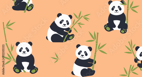 A cute seamless pattern featuring cartoon pandas and green bamboo stalks on a light orange background, perfect for children's designs.