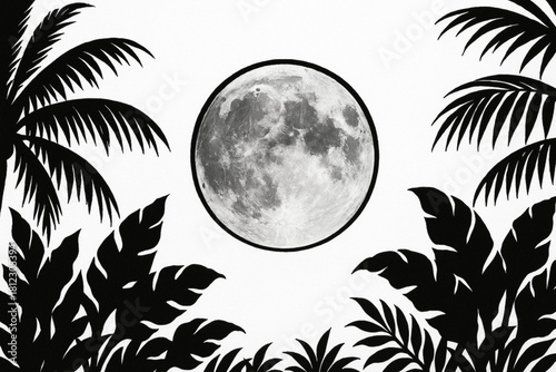Monochrome illustration of a full moon framed by tropical leaves. High-contrast design evokes mystery, nature, and nighttime serenity with bold silhouettes and realistic lunar texture.