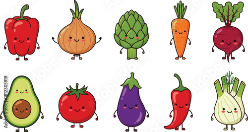 Cute cartoon vegetable character vector set featuring smiling colorful veggies like peppers, onions, artichokes, avocados, tomatoes, and carrots for healthy food designs