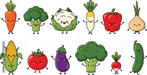 Cute cartoon vegetable character vector set featuring smiling healthy veggies perfect for food illustrations, nutrition themes, kids designs, and playful artwork