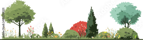 A garden isolated on with trees and bushes in row