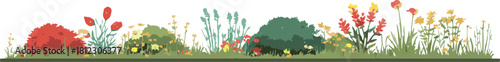 Colorful garden border with flowers and bushes isolated on