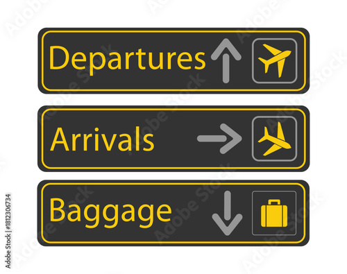 Airport sign vector with arrivals, departures, baggage claim, and transfer directions, information board signs for airport navigation, check-in and travel guidance panel.