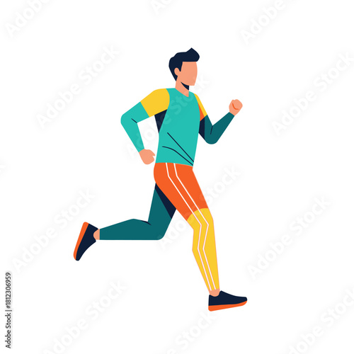 Energetic runner in vibrant sportswear sprinting forward with determination.