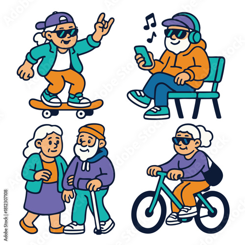 Elderly people enjoying active urban lifestyle, skateboarding, cycling, walking, listening music