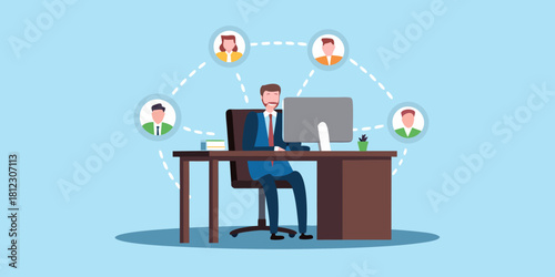 Businessman connecting with team members through a digital network