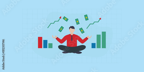 Man meditating surrounded by money and growth charts
