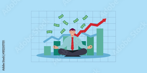 Businessman meditating amidst growing profits and falling money