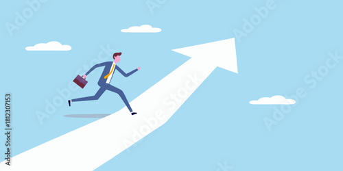 Businessman running up a white arrow towards the sky