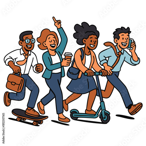 Young professionals commuting urban street, smiling, riding scooter, skateboard, walking