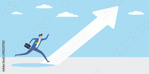 Businessman running upward arrow towards success and growth