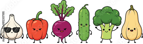 Cute cartoon vegetable characters with funny expressive faces, featuring garlic, pepper, beet, cucumber, broccoli, and squash in a playful vector illustration set