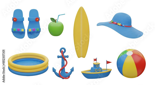 Collection of summer and beach vacation items, isolated on transparent background