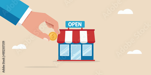 Hand placing coin into open storefront for investment