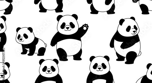 A cute seamless pattern featuring various cartoon giant pandas in different poses on a white background.