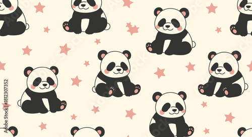 A seamless pattern featuring cute cartoon baby pandas sitting on a light background with pink stars.