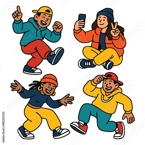 Happy young people dancing, taking selfie, and posing urban streetwear, joyful and energetic mood