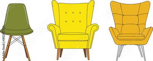 Modern chair and armchair vector set featuring stylish contemporary furniture designs with wooden and metal legs, perfect for home decor and interior illustration projects