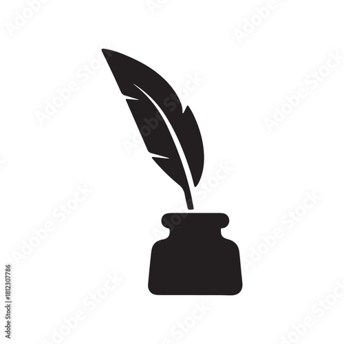 Silhouette of a quill pen standing upright in a classic inkwell on a white background