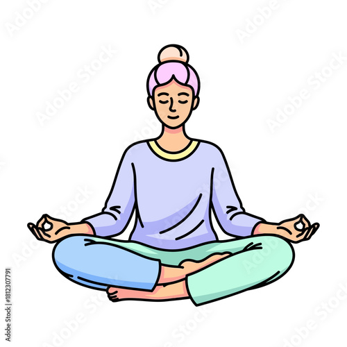 Woman Meditating in Lotus Pose with Calm Expression.