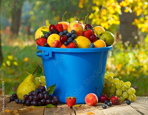A vibrant display of freshly harvested fruits in a blue bucket, outdoors on a sunny day