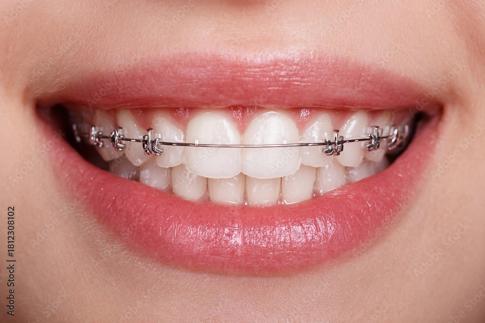 Obraz premium Smiling teenager shows braces in close-up dental care moment at home