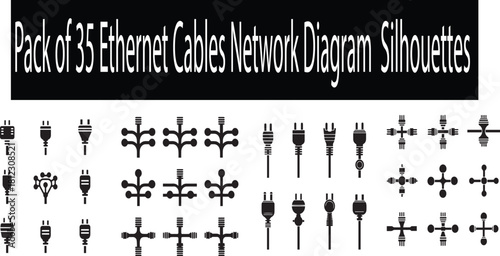 Ethernet Cable and Network Diagram Silhouettes Pack – 35 Tech Connection Icons