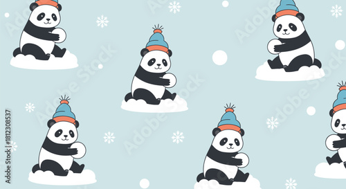A cute seamless pattern featuring cartoon pandas wearing winter hats on snow clouds with snowflakes on a light blue background.