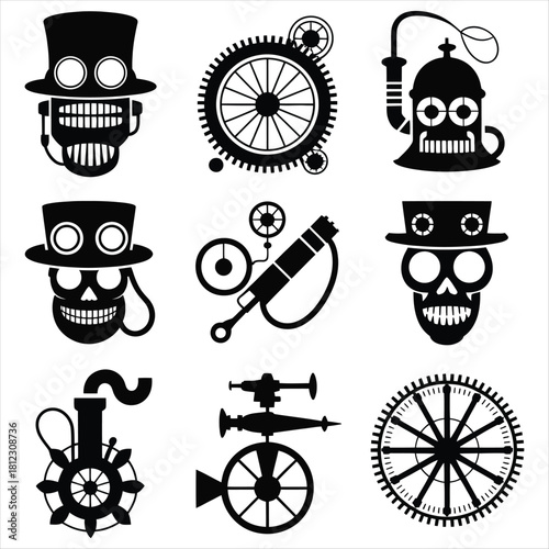 Steampunk Icons Collection Black Silhouettes on White Background Vector Graphics Keywords: steampunk