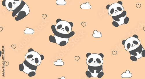 Cute cartoon pandas with clouds and hearts on a light peach background, seamless pattern design.