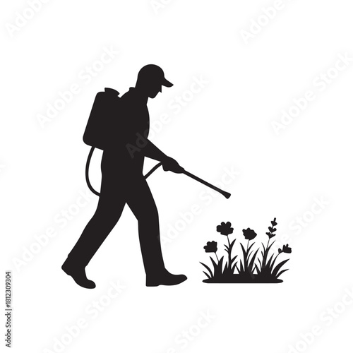 Silhouette of Man Spraying Herbicide on Weeds Vector Illustration