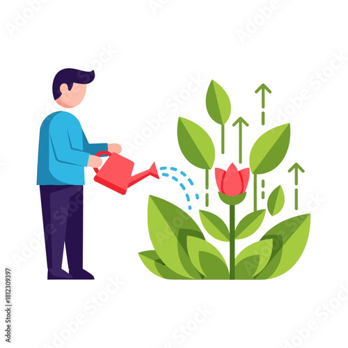 Man watering a plant nurturing growth and fostering development cultivating life.