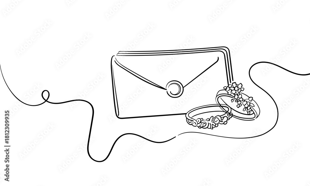 Fototapeta premium Wedding invitation with rings, continious line drawing. Candles with flowers outline. Vector illustration