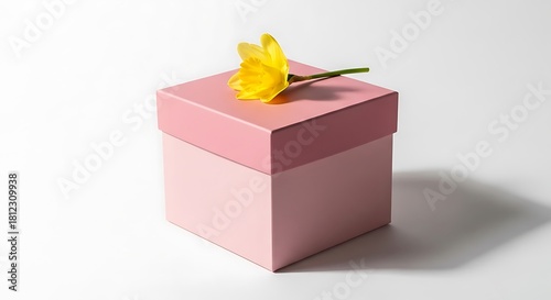 Elegant pale pink box adorned with a bright yellow flower, perfect for a thoughtful gift presentation.