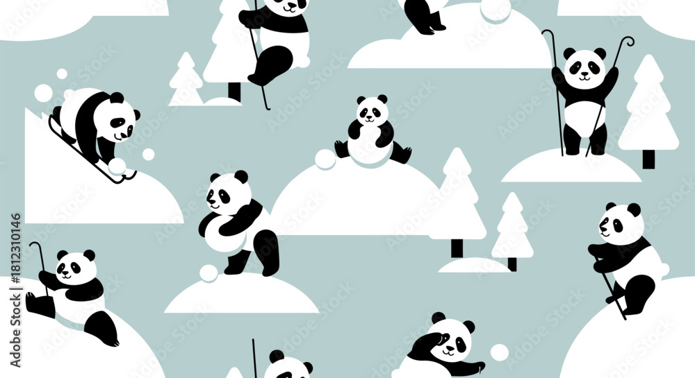 Obraz premium Cute cartoon pandas enjoying various winter sports and activities in a seamless pattern on a light blue background.