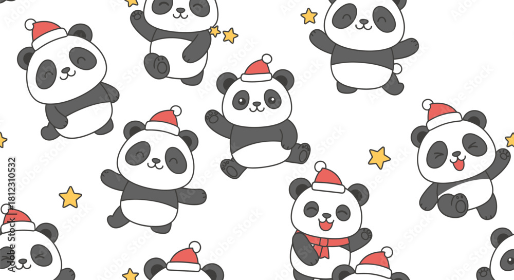 Fototapeta premium Cute cartoon pandas wearing festive Santa hats and scarves, surrounded by stars on a white background, creating a cheerful holiday pattern.