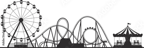 Amusement Park Silhouette with Iconic Ferris Wheel, Thrilling Roller Coaster, and Classic Merry-Go-Round at a Fairground or Carnival Horizon Vector Illustration
