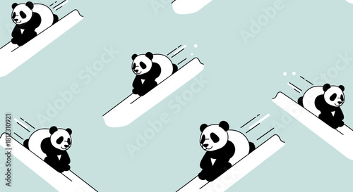 Cute cartoon pandas skiing down snowy slopes in a repeating pattern on a light blue background.