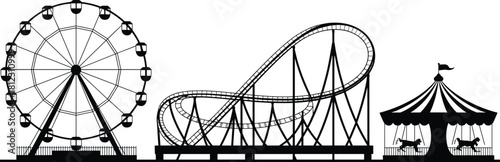 Amusement Park Horizon Silhouette featuring Giant Observation Wheel, Modern Looping Roller Coaster, and Traditional Carousel Ride Vector Illustration Concept