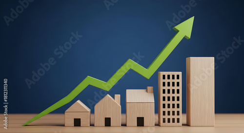 Rising real estate market depicted with wooden houses and a green upward trending arrow against a blue background symbolizing growth and investment opportunities in property