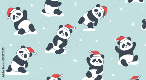 Seamless pattern of cute cartoon pandas wearing Santa hats for Christmas.