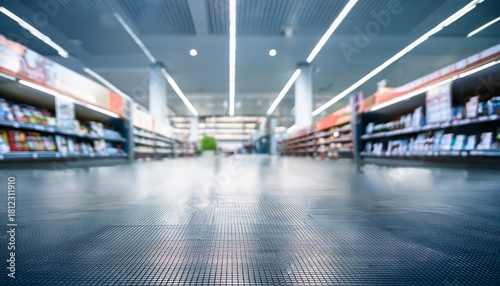 empty supermarket hall in defocus blurred background of business center premises