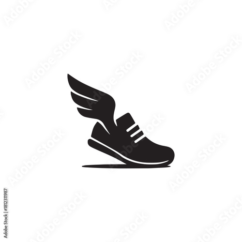 Sleek black silhouette of a running shoe with a stylized wing symbolizing speed and agility