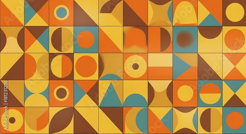 Geometric Abstract: Seamless Tiles Pattern of Squares, Circles, and Triangles in Warm Autumn Colors for Modern Design Projects.